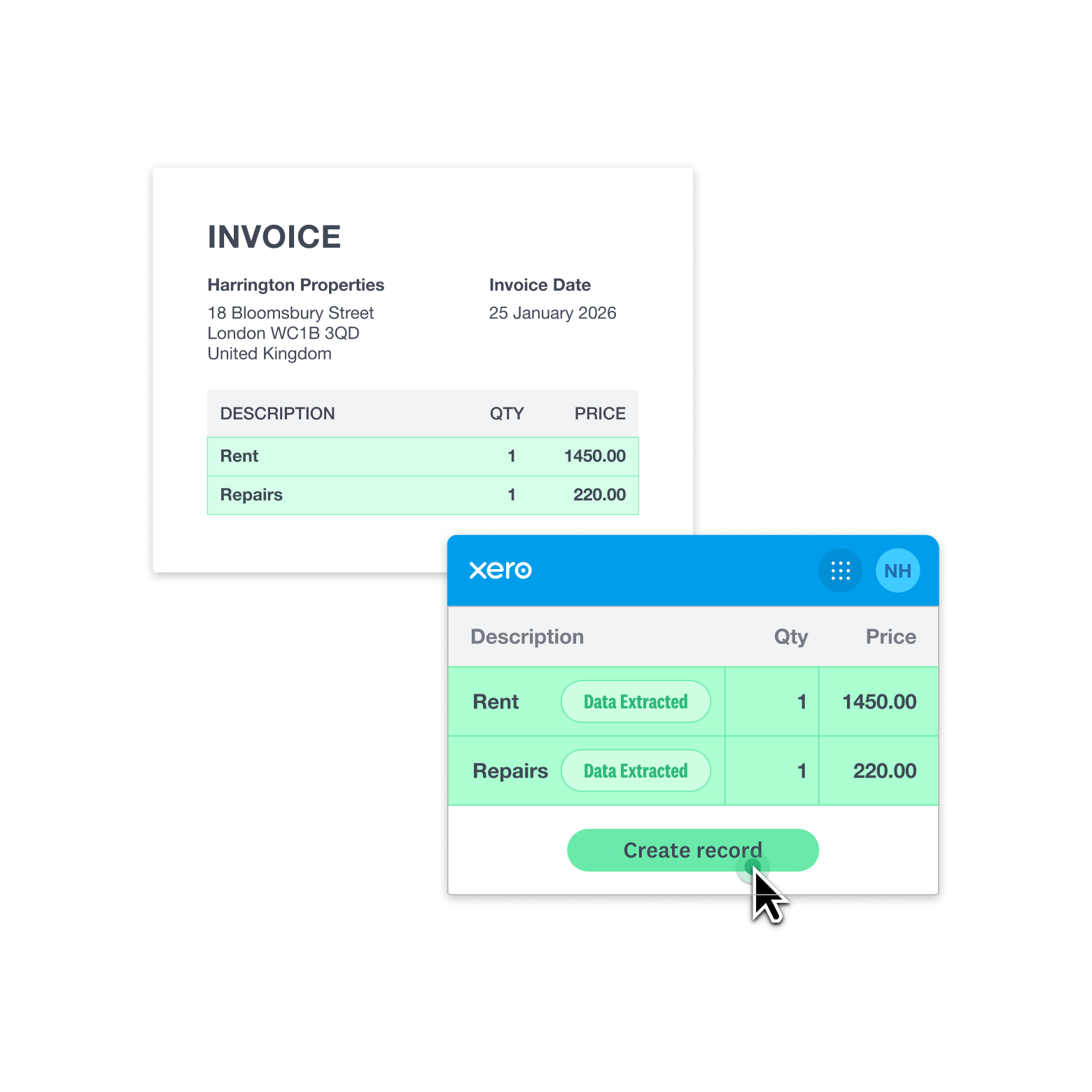 Xero extracts data from a property management invoice to create a financial record. 
